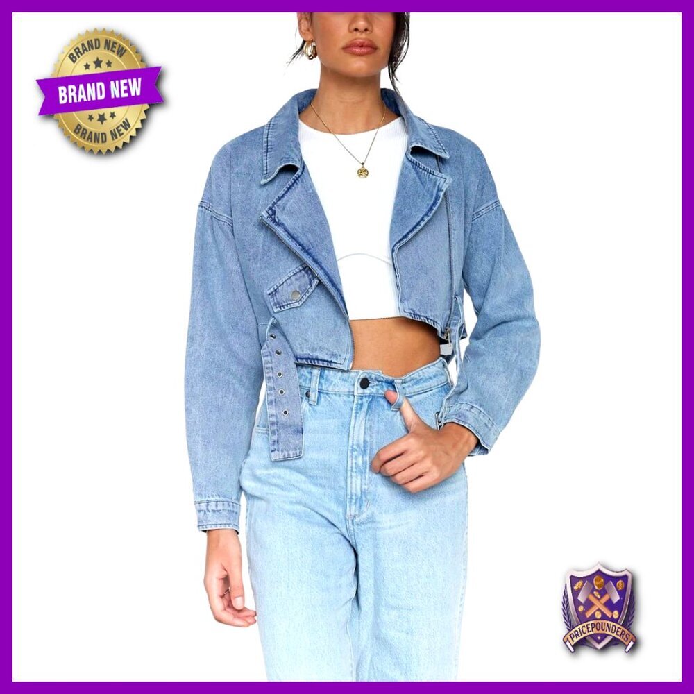 Denim Blazer Jacket Boyfriend Fit Moto Style Zipper Belted Cropped Chic